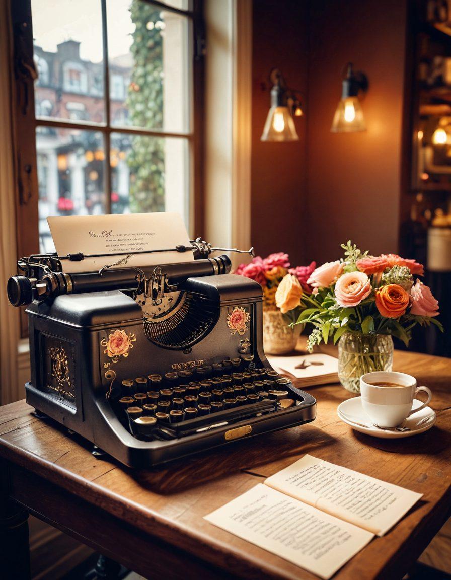 A whimsical vintage typewriter with love letters spilling out, surrounded by heart-shaped gears and cogs symbolizing connection and relationships. In the background, a soft-lit cozy café scene with couples sharing stories over coffee, creating an inviting atmosphere. Warm tones and delicate floral elements enhance the romantic vibe. illustration. vibrant colors. cozy ambiance.