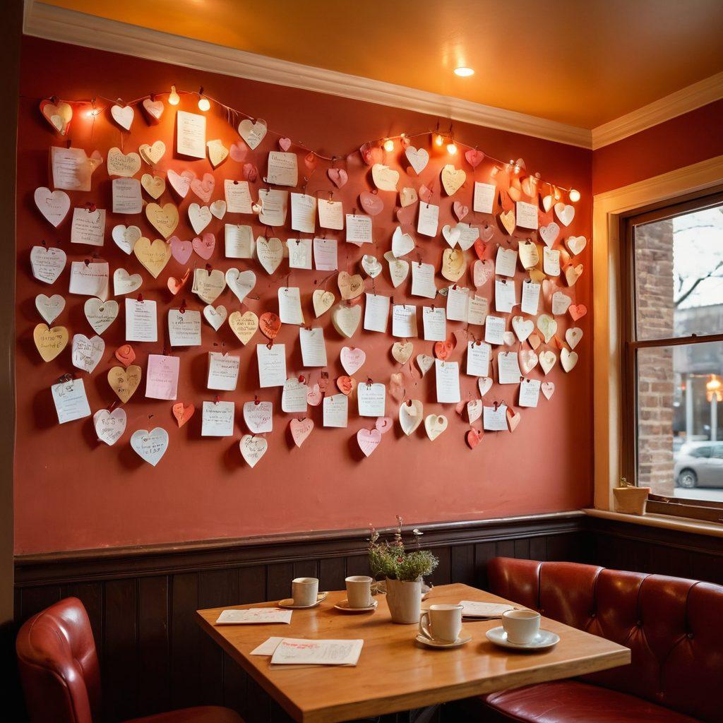 A warm and inviting scene depicting a cozy café with couples sharing heartfelt moments over coffee, surrounded by soft ambient lighting and heart-shaped decorations. A bulletin board filled with handwritten love notes and stories in the background invites viewers to submit their own experiences. The atmosphere is filled with a sense of love, connection, and community. warm colors, soft focus, romantic style.