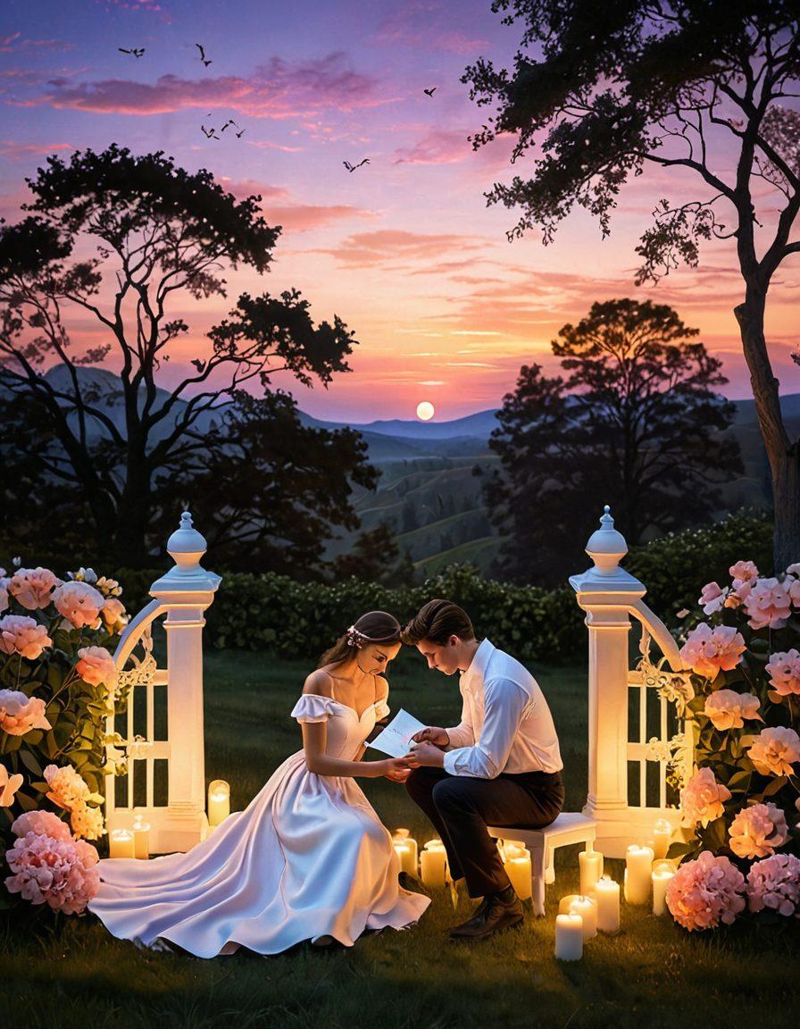 A heartwarming scene depicting a couple exchanging love letters under a twilight sky, surrounded by blooming flowers and soft candlelight. They are deeply engaged in a moment of tenderness while a large, glowing heart shape encapsulates them, symbolizing devotion. The background features a subtle blend of pastel colors to evoke warmth and emotion. super-realistic. vibrant colors. romantic atmosphere.